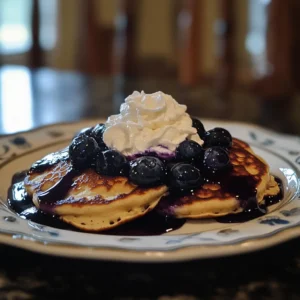 Blueberry Pancakes with Maple Syrup and Whipped Cream