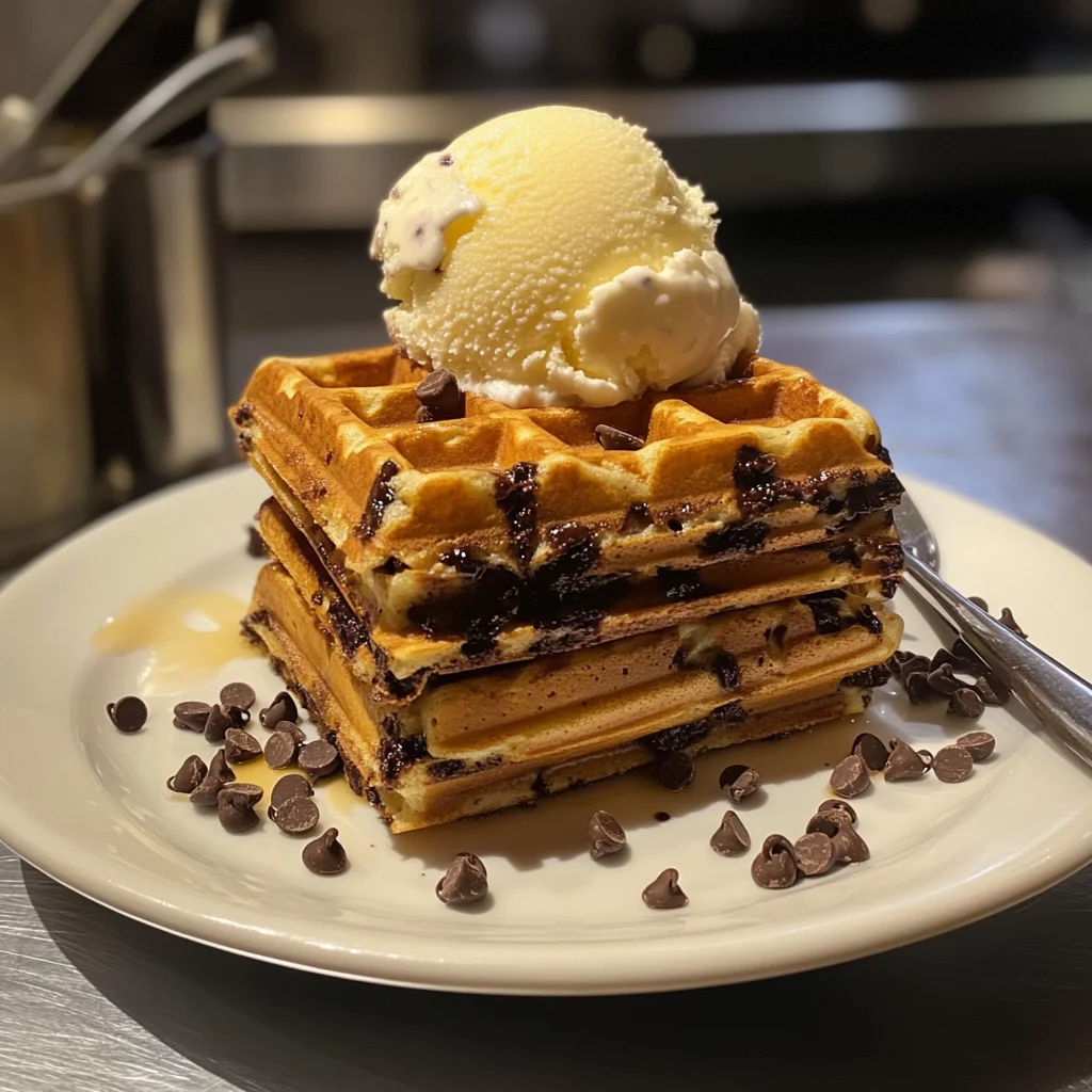 Chocolate Chip Waffles with Vanilla Ice Cream