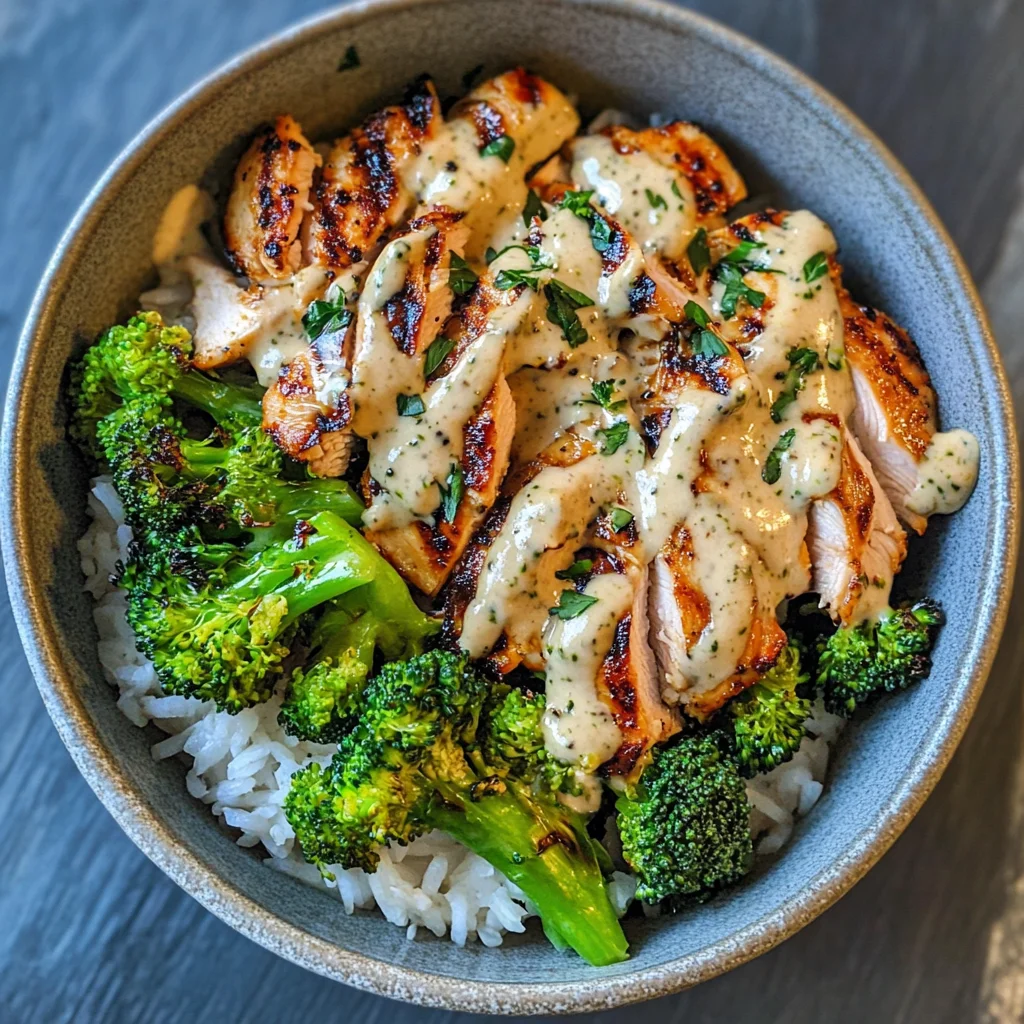 Grilled Chicken & Broccoli Bowls with Creamy Garlic Sauce