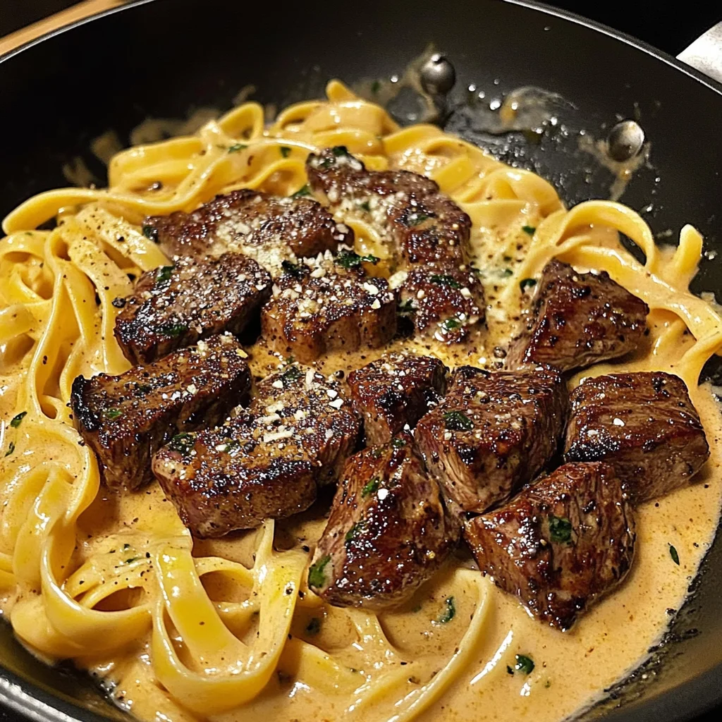 Smoky Cajun Steak Tips Over Velvety Fettuccine